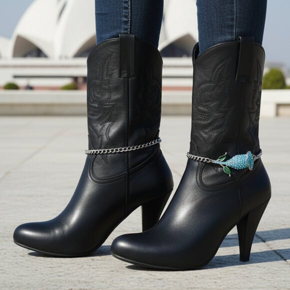 NEW Women Silver Metal Chain Boot Bracelet Shoe Anklet Sky Blue Flower Charm SET - Picture 10 of 17